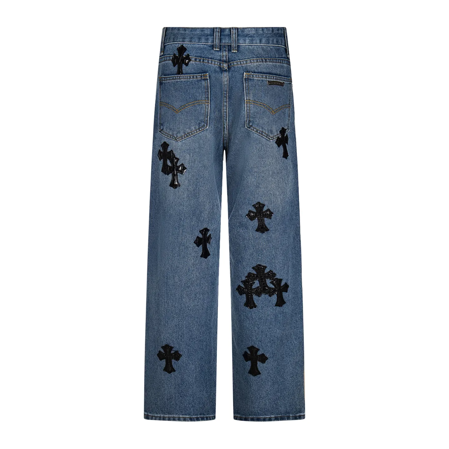P240 Chrome hearts printed stitched black leather classic washed jeans. Really restores the ultimate vintage texture. Three-dimensional version. Loose and comfortable, not picky on the figure. Looks taller and slimmer. Factory precision. Original factory quality control. Same style for men and women. Can be matched. Versatile recommendation. Must-have jeans for all seasons. Fashionistas have been disappointed. From the quality selection of fabrics, the tailoring of details, and the matching of patterns, they are all impeccable! The upper body is so handsome when worn...it can be easily worn by men, women and children! The craftsmanship is made of heavy-duty washed pure cotton denim fabric. After washing, it is soft and thick. It is very stylish when worn on the body. Style number: 1760# Color: blue Size: 28 30 32 34 36